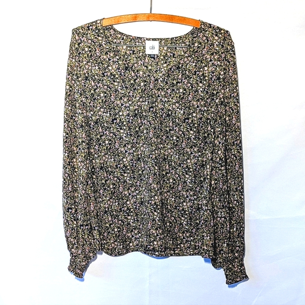CAbi Dark Floral Puff Sleeve Blouse